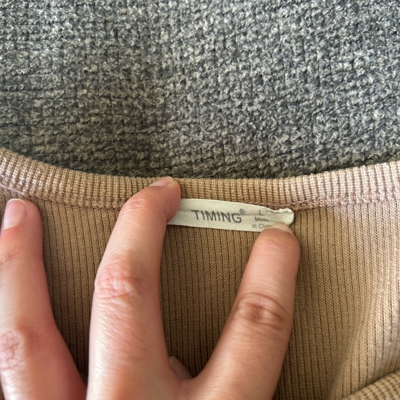 Timing Buttoned Ribbed Crop Top in Tan - Picture 2 of 3